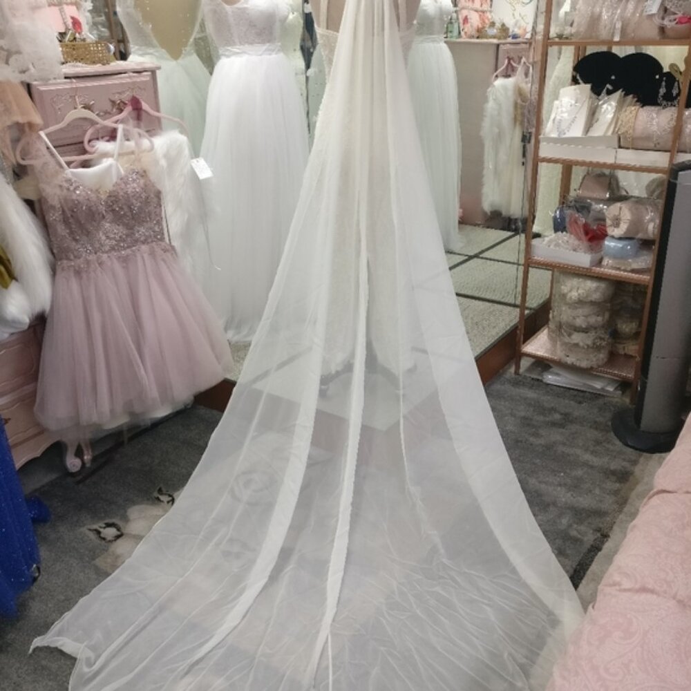 Detachable chiffon neck to floor train